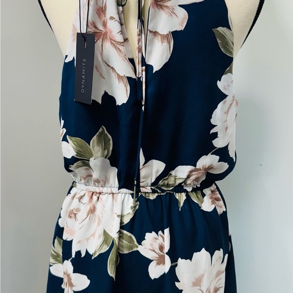 Dynamite Floral Halter Neck Dress Navy and White Sleeveless Elastic Waist M - Picture 4 of 9